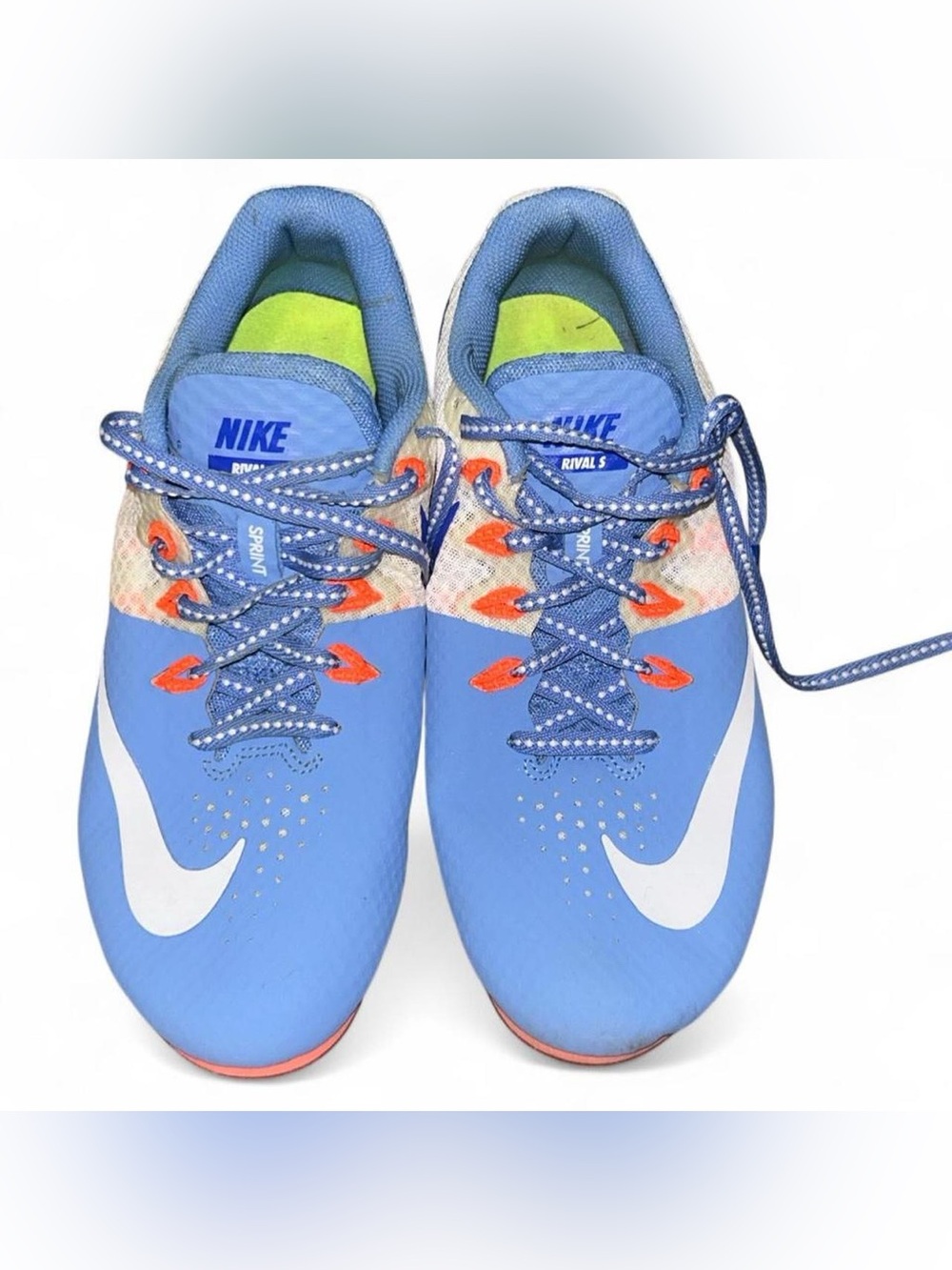 Nike Blue and White Sprinting Spikes with Orange Accents